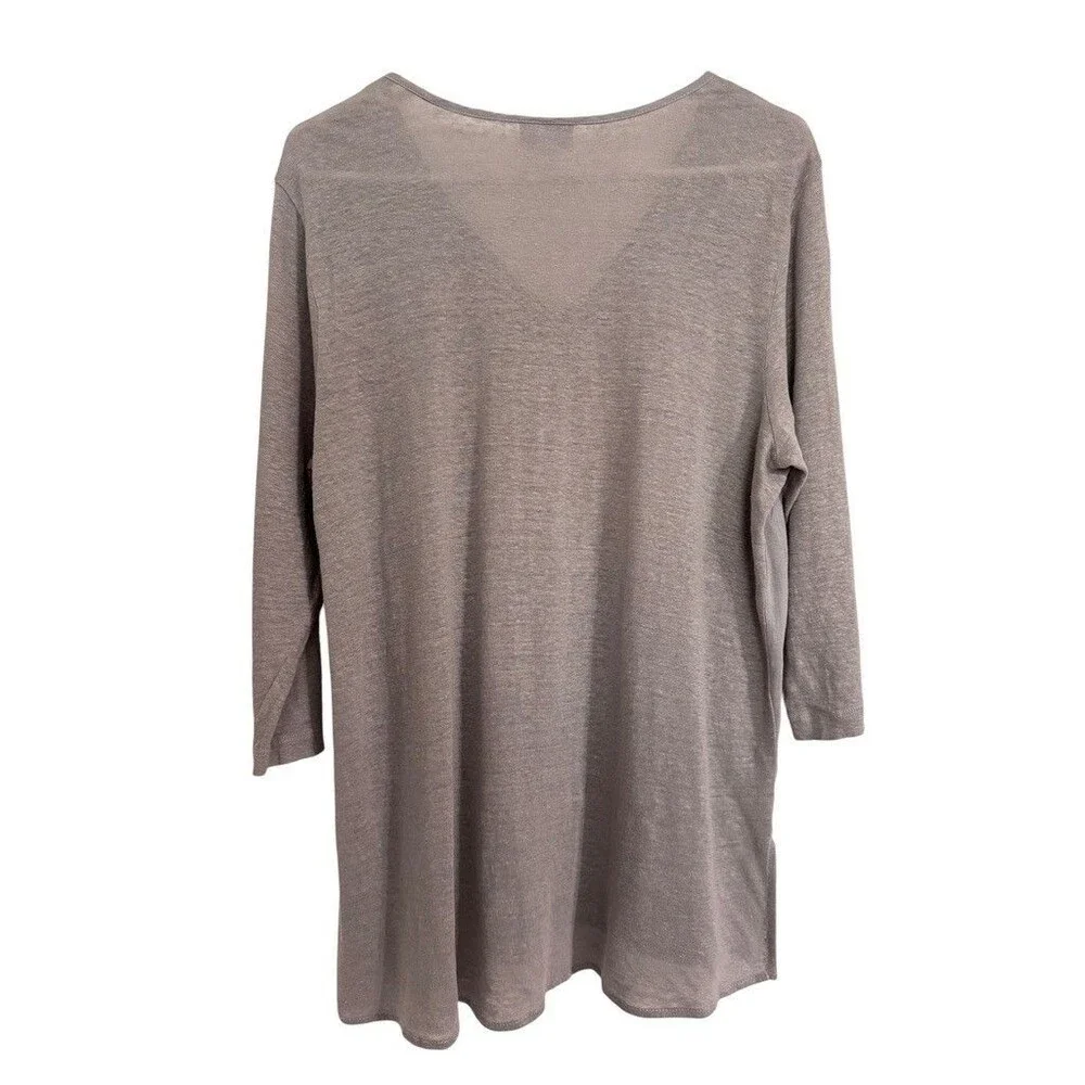 J. Jill Love Linen Sz LARGE PETITE Gray Pintucked Tunic Top 3/4 Sleeve Coastal